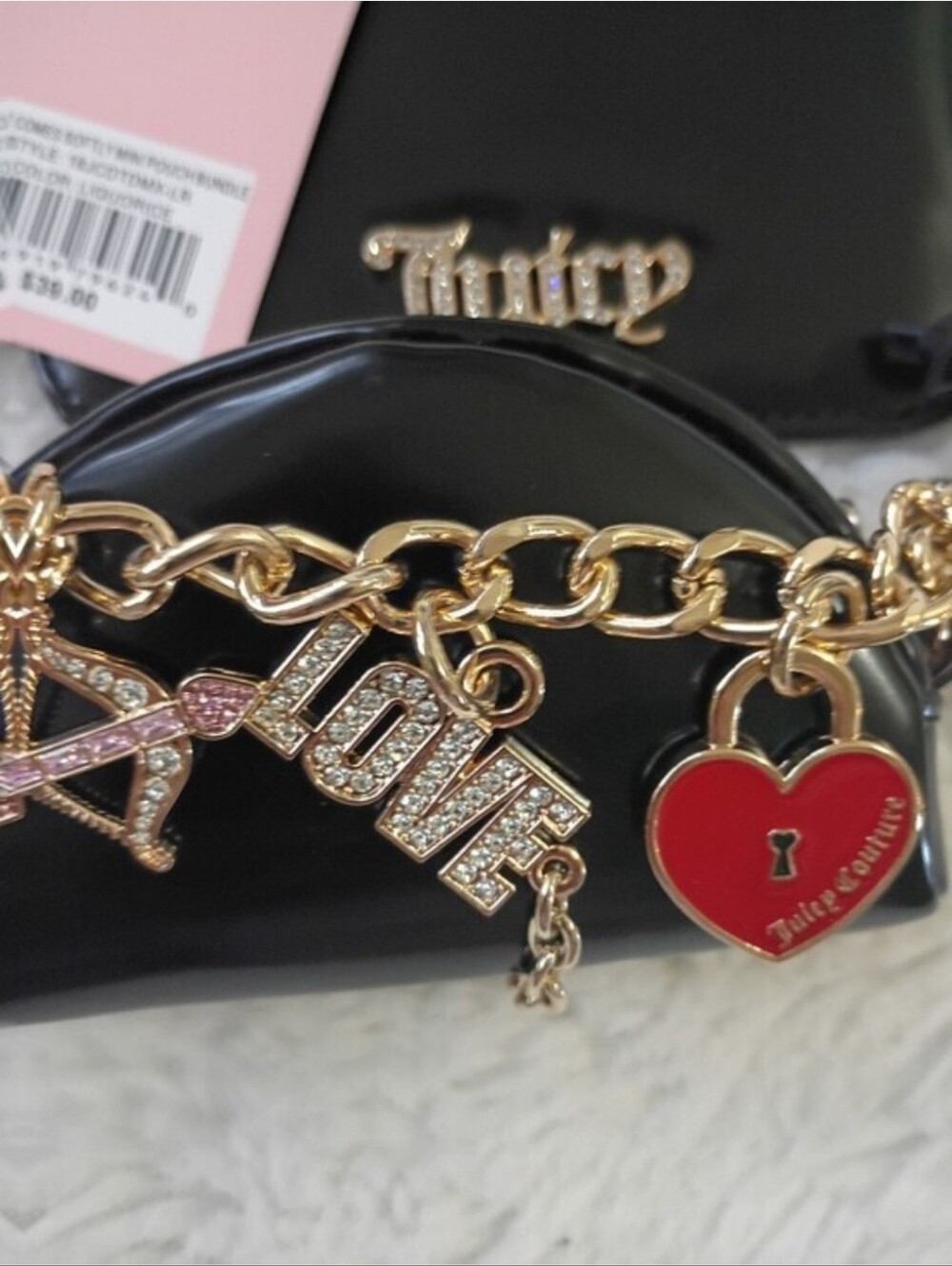 Juicy Couture Black Patent Mini Bag with Gold Chain and Red Heart Charm NWT - Picture 2 of 9